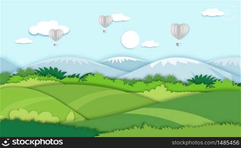vector illustration.Paper cut style of field landscape in summer time, Paper art spring landscape with blue sky and hot air balloons heart flying, Panorama flat cartoon for holiday banner background