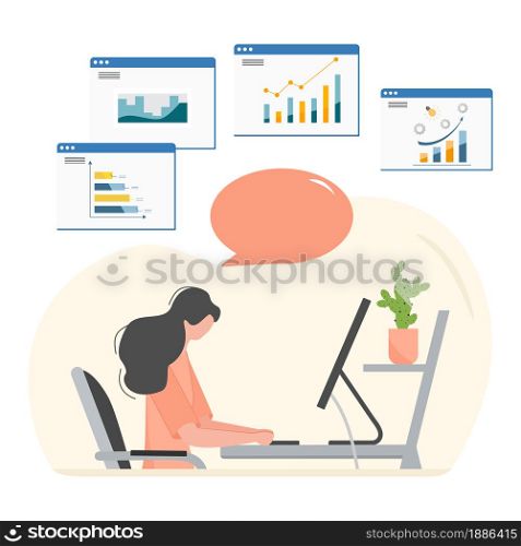 Vector illustration People analyzing data using computer Profession. Employees of the company working, communicating in office. Work. Job. Business professionals. Teamwork Interaction Partnership
