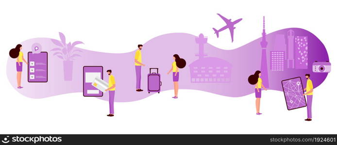 Vector illustration People plan vacation, book tour, pay, fly to rest. Family travel. Summer time, holiday, enjoying rest. Concept for online travel agency, booking service. Design for web page, print
