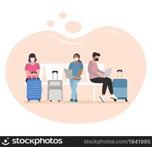 Vector illustration People waiting for departure Suitcases Vacation Tourist Travel lifestyle Business trip Airport Luggage Baggage Summer time Holiday Concept Travel agency Booking service Covid-19