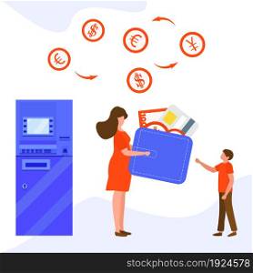 Vector illustration People with wallet, bank card, money bill near ATM. Cash withdrawal, currency exchange at automated teller machine. Financial transactions. Design for landing page, website, print