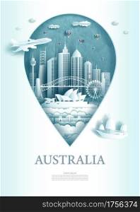 Vector illustration pin point symbol. Travel Australia architecture monument pin in europe with ancient city building business travel poster and postcard. Tour landmarks of sydney modern architecture.