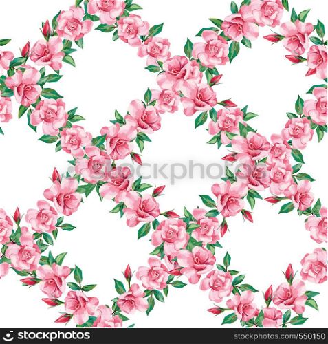 Vector illustration pink flowers rose grid seamless pattern white background