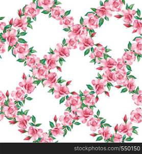 Vector illustration pink flowers rose grid seamless pattern white background