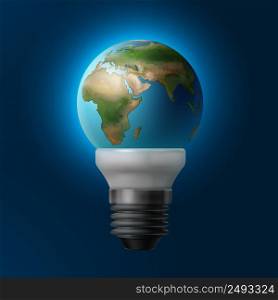 Vector illustration planet Earth inside energy saving lamp isolated on blue background. Planet inside lamp