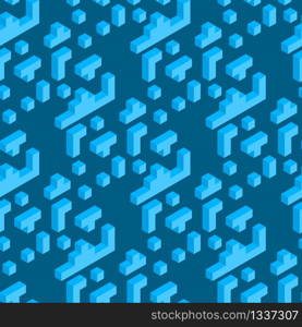 Vector Illustration Playing Brick Seamles Pattern. Image Blue Brick Different Shape Folding into Diverse Shape. Game Construction Subject. Isolated on Blue Background. Gift Wrap, Design Template