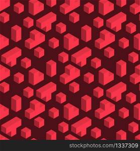 Vector Illustration Playing Brick Seamles Pattern. Image Red Brick Different Shape Folding into Diverse Shape. Game Construction Subject. Isolated on Vinous Background. Gift Wrap, Design Template