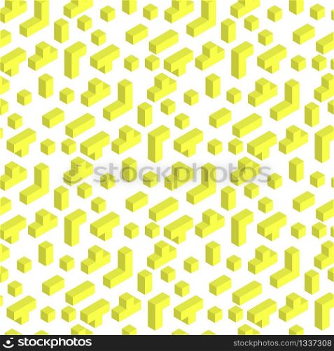 Vector Illustration Playing Brick Seamles Pattern. Image Yellow Brick Different Shape Folding into Diverse Shape. Game Construction Subject. Isolated on White Background. Gift Wrap, Design Template