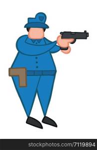 Vector illustration policeman pointing gun. Hand drawn. Colored outlines.