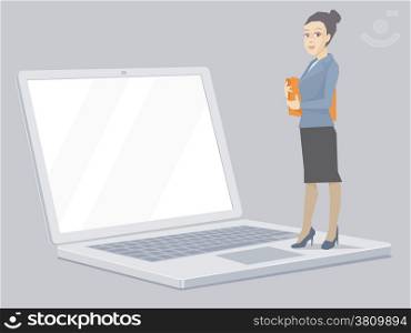 Vector illustration portrait of a miniature woman manager keeps a folder with documents in hands stands on the notebook on grey background