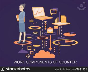 Vector illustration portrait of a woman counter keeps a folder with documents in hands stands on the scheme of her work components on dark background
