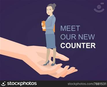 Vector illustration portrait of a woman counter keeps a folder with documents in hands standing on palm of the hand on dark background