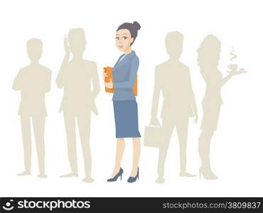 Vector illustration portrait of a woman manager keeps a folder with documents in hands stands in the center on a background of silhouette business team of businesspeople