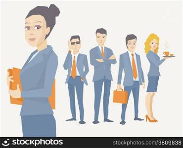 Vector illustration portrait of a woman manager keeps a folder with documents in hands on a background of business team of young businesspeople