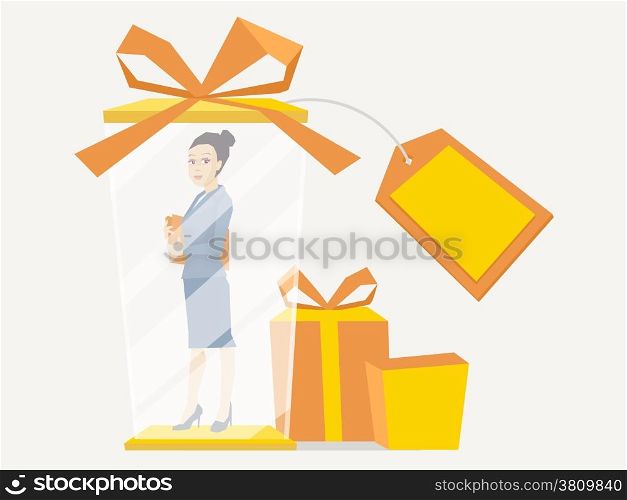 Vector illustration portrait of a woman manager keeps a folder with documents in hands stands in gift box on a white background