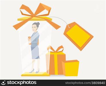 Vector illustration portrait of a woman manager keeps a folder with documents in hands stands in gift box on a white background