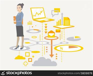 Vector illustration portrait of a woman manager keeps a folder with documents in hands stands on the scheme of business processes on light background