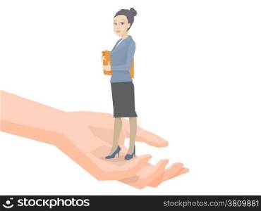 Vector illustration portrait of a woman manager keeps a folder with documents in hands standing on palm of the hand on a white background
