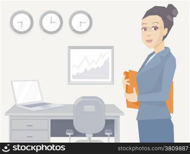 Vector illustration portrait of a woman manager keeps a folder with documents in hands stands on office background