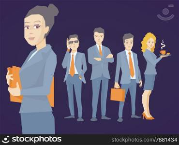 Vector illustration portrait of a woman manager keeps a folder with documents in hands on dark background of business team of young businesspeople