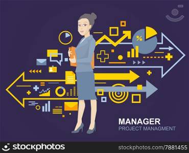 Vector illustration portrait of a woman manager keeps a folder with documents in hands stands near the scheme of project managment on dark background
