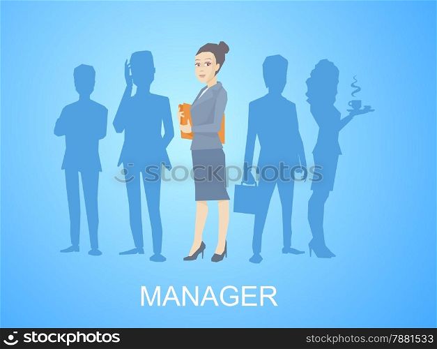 Vector illustration portrait of a woman manager keeps a folder with documents in hands stands in the center on blue background of silhouette business team of businesspeople