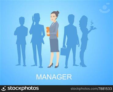 Vector illustration portrait of a woman manager keeps a folder with documents in hands stands in the center on blue background of silhouette business team of businesspeople