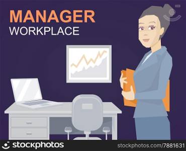 Vector illustration portrait of a woman manager keeps a folder with documents in hands stands on office background