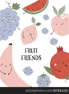 Vector illustration, poster, card with funny characters banana, grape and watermelon. Vector illustration with funny characters banana, grape, watermelon, pomegranate