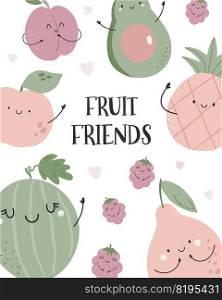 Vector illustration, poster, card with funny characters watermelon, avocado, apple, pear and pineapple.. Vector illustration with funny characters watermelon, avocado, apple,and pineapple