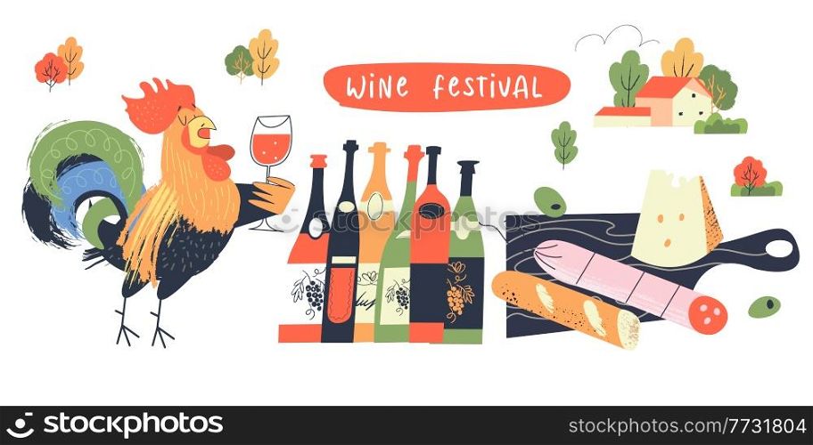 Vector illustration, poster, poster for the traditional French wine festival. A rooster with a glass of wine, many bottles of wine, baguette, salami, cheese. A set of elements for your design for the wine festival.. Vector illustration, poster, poster for the traditional French wine festival.