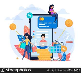 Vector Illustration Profitable Safe Online Shopping. Happy Girl goes Shopping and Looks into Phone. Young Man Sitting on Yellow Coins with Laptop. Girl is Sitting on Map and Leaning on Smartphone.