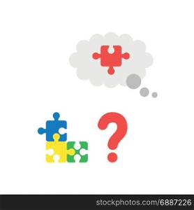 Vector illustration puzzle icon concept with red question mark and blue, yellow, green and missing piece of red puzzle in grey thought bubble on white background with flat design style.