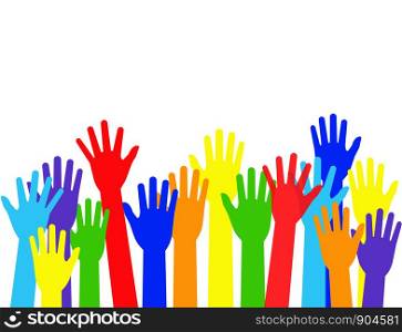 Vector illustration raised colorful hands isolated on white background