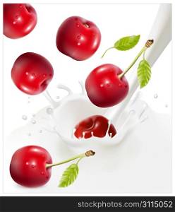 Vector illustration. Ripe red cherries falling into the milky splash.