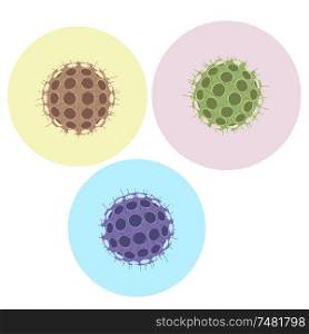 Vector illustration round of a dangerous virus on a color background. Microorganism spherical shape. Microscopic virus.