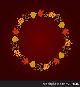 vector illustration round wreath of autumn leaves yellow green red brown color. Vector illustration round wreath of autumn leaves yellow green red brown color on a broun background. Can be used for sale banner, web, thanksgiving card