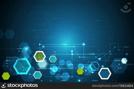 Vector illustration science innovation concept. Circuit board and hexagons or polygon background. Hi tech digital technology. Abstract futuristic, hexagon shape on dark blue color background