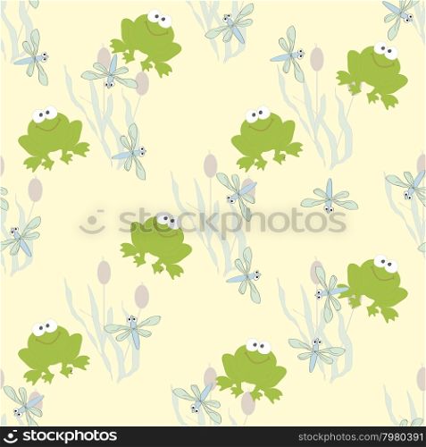 Vector illustration. Seamless baby ornament, made of little green frogs, dragonflies and plants.