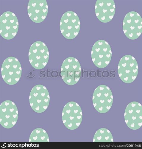 Vector illustration. Seamless background. Pattern of turquoise Easter eggs with hearts on a lilac background. Design for banner, poster, postcard, packaging. Vector illustration seamless background. Pattern of turquoise Easter eggs. Design of banner postcards packaging