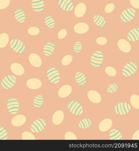 Vector illustration. Seamless background. Pattern of yellow Easter eggs with hearts on a peach background. Design for banner, poster, postcard, packaging. Vector illustration seamless background. Pattern of yellow Easter eggs. Design of banner postcards packaging