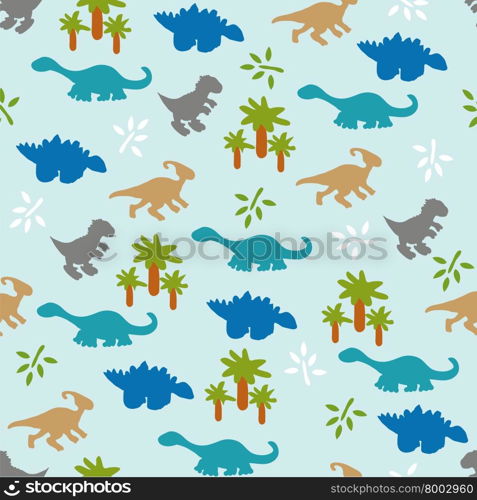 Vector illustration. Seamless ornament background made of silhouettes of dinosaurs of different species, the leaves and trees on a blue background.