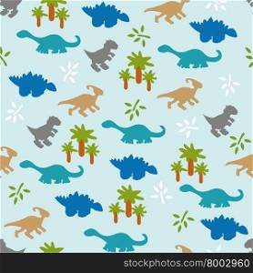 Vector illustration. Seamless ornament background made of silhouettes of dinosaurs of different species, the leaves and trees on a blue background.