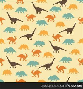 Vector illustration. seamless ornament background made of silhouettes of dinosaurs of various kinds and peach flowers on a warm background.