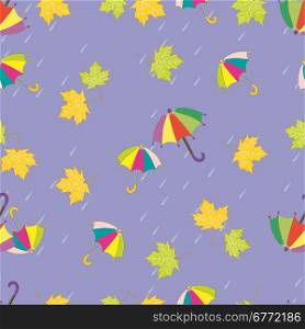 Vector illustration. Seamless ornament with autumn pictures. Image will fall: multicolored umbrella and maple leaves.