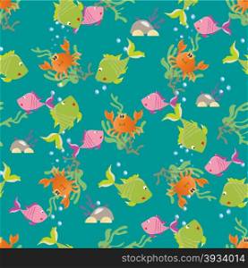 Vector illustration. Seamless pattern for children background made up of sea creatures and aquatic plants.