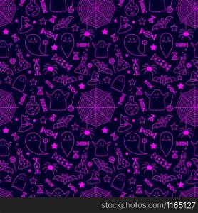 vector illustration. seamless pattern. Halloween. background with ghosts, candy, spider web, spiders, bat stars hats and flasks. vector illustration. seamless pattern. Halloween. background wit