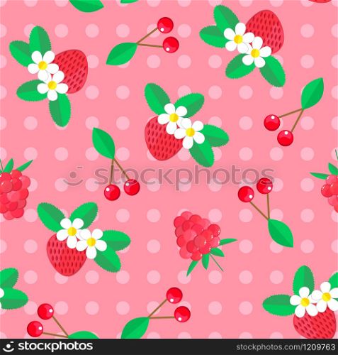 vector illustration. seamless pattern with berries. cherries and strawberries on a pink background in polka dots.