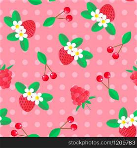 vector illustration. seamless pattern with berries. cherries and strawberries on a pink background in polka dots.