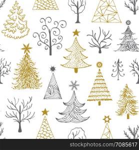 Vector illustration. Seamless pattern with hand drawn christmas tree on white background.. pattern with hand drawn christmas tree
